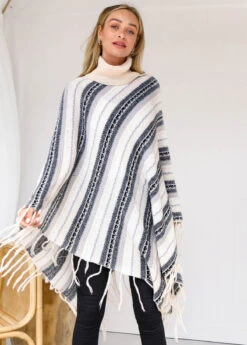 Stripe Print Tassel Long Sleeve Turtleneck Sweater