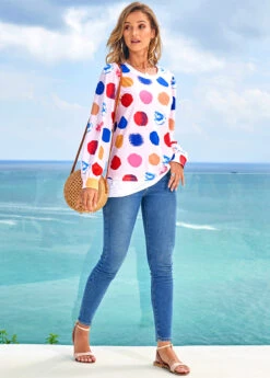 Long Sleeve Rainbow Color Polka Dot T Shirt -Rosewe Promotion Store 278316 P 16281654911453