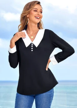 Decorative Button Long Sleeve Contrast Blouse 9 Decorative Button Long Sleeve Contrast Blouse -Rosewe Promotion Store 278334 P 16281654913020