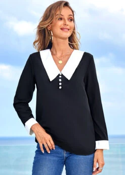 Decorative Button Long Sleeve Contrast Blouse