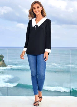 Decorative Button Long Sleeve Contrast Blouse 10 Decorative Button Long Sleeve Contrast Blouse -Rosewe Promotion Store 278334 P 16281654915873