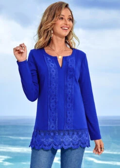 Solid Lace Patchwork Long Sleeve Split Neck T Shirt -Rosewe Promotion Store 278351 P 16281654916042