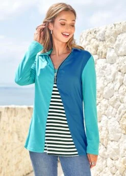 Striped Zipper Blue Regular Sleeve Sweatshirt -Rosewe Promotion Store 278570 P 16285114860902