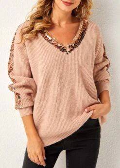 Sequin Long Sleeve Khaki V Neck Sweater