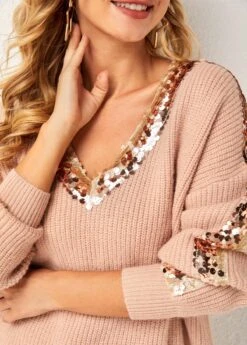 Sequin Long Sleeve Khaki V Neck Sweater 11 Sequin Long Sleeve Khaki V Neck Sweater -Rosewe Promotion Store 279165 P 16291680074794