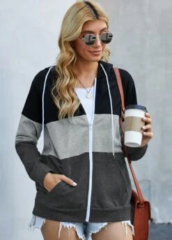 Zipper Closure Contrast Drawstring Detail Hoodie