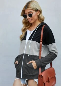 Zipper Closure Contrast Drawstring Detail Hoodie -Rosewe Promotion Store 279247 P 1625816496167
