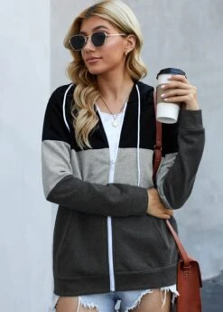 Zipper Closure Contrast Drawstring Detail Hoodie -Rosewe Promotion Store 279247 P 1625816496928