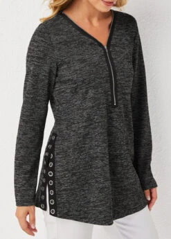 V Neck Quarter Zip Long Sleeve Eyelet Sweatshirt