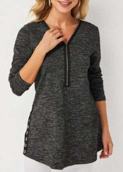 V Neck Quarter Zip Long Sleeve Eyelet Sweatshirt -Rosewe Promotion Store 279313 P 16290798007444