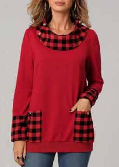 Christmas Plaid Red Long Sleeve Pocket Sweatshirt