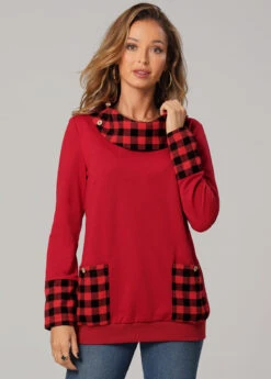 Christmas Plaid Red Long Sleeve Pocket Sweatshirt -Rosewe Promotion Store 279693 P 16311776254703