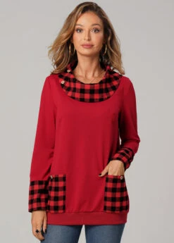 Christmas Plaid Red Long Sleeve Pocket Sweatshirt -Rosewe Promotion Store 279693 P 16311776254805