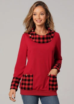 Christmas Plaid Red Long Sleeve Pocket Sweatshirt -Rosewe Promotion Store 279693 P 16311776256702