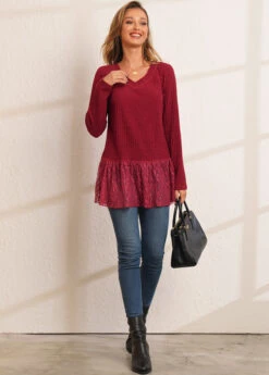Solid Lace Patchwork Long Sleeve V Neck T Shirt 12 Solid Lace Patchwork Long Sleeve V Neck T Shirt -Rosewe Promotion Store 279698 P 16293348650454