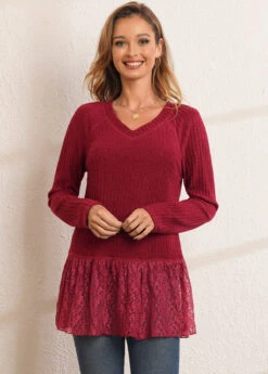 Solid Lace Patchwork Long Sleeve V Neck T Shirt 11 Solid Lace Patchwork Long Sleeve V Neck T Shirt -Rosewe Promotion Store 279698 P 16293348654813