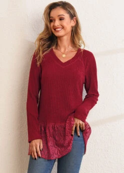 Solid Lace Patchwork Long Sleeve V Neck T Shirt