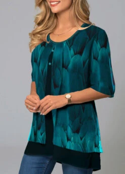 Feathers Print Chiffon Round Neck Blouse -Rosewe Promotion Store 279718 P 1626398934127