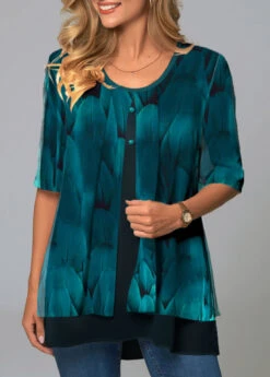 Feathers Print Chiffon Round Neck Blouse