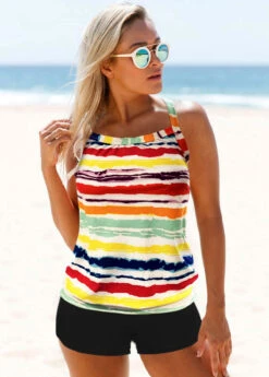 Wide Strap Rainbow Color Criss Cross Back Tankini Set