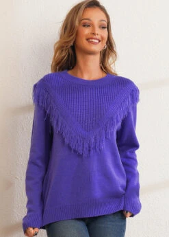 Round Neck Solid Tassel Long Sleeve Sweater