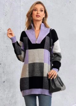 Quarter Zip Plaid Long Sleeve Sweater -Rosewe Promotion Store 280398 P 16324492950514