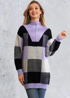 Quarter Zip Plaid Long Sleeve Sweater -Rosewe Promotion Store 280398 P 16324492954752