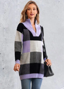 Quarter Zip Plaid Long Sleeve Sweater