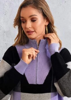 Quarter Zip Plaid Long Sleeve Sweater -Rosewe Promotion Store 280398 P 16324492957565