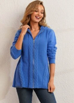 Blue Zipper Closure Hooded Collar Cardigan