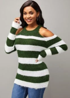Stripe Print Cold Shoulder Long Sleeve Round Neck Sweater -Rosewe Promotion Store 282344 P 16316944070842