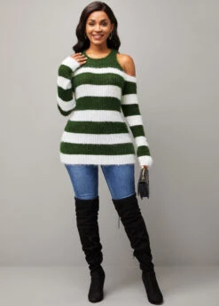Stripe Print Cold Shoulder Long Sleeve Round Neck Sweater -Rosewe Promotion Store 282344 P 16316944071463