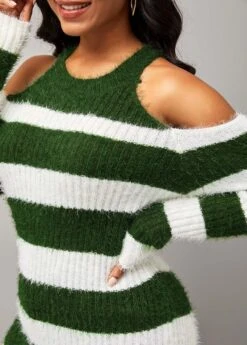 Stripe Print Cold Shoulder Long Sleeve Round Neck Sweater -Rosewe Promotion Store 282344 P 16316944071904