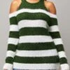 Stripe Print Cold Shoulder Long Sleeve Round Neck Sweater -Rosewe Promotion Store 282344 P 16316944075470
