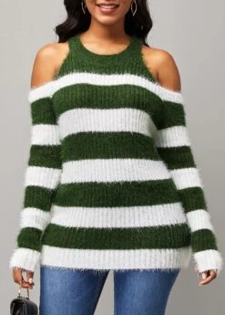 Stripe Print Cold Shoulder Long Sleeve Round Neck Sweater