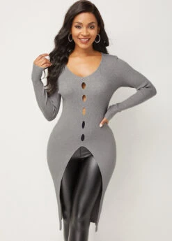 Long Sleeve Front Slit Cutout Design Sweater