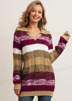 Turndown Collar Striped Long Sleeve Sweater -Rosewe Promotion Store 282856 P 16345499361655