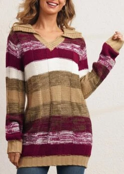 Turndown Collar Striped Long Sleeve Sweater