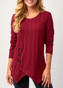 Asymmetric Hem Valentines Wine Red Round Neck Sweatshirt