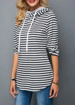 Decorative Button Long Sleeve Stripe Print Hoodie -Rosewe Promotion Store 283137 P 16298621943263