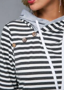 Decorative Button Long Sleeve Stripe Print Hoodie -Rosewe Promotion Store 283137 P 16298621943474