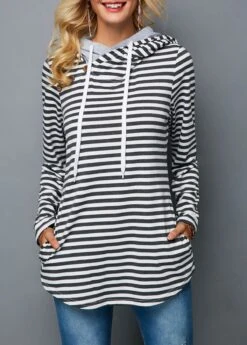 Decorative Button Long Sleeve Stripe Print Hoodie