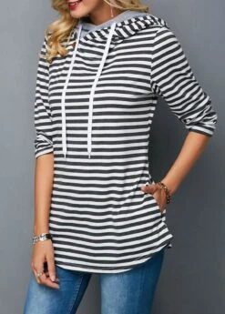 Decorative Button Long Sleeve Stripe Print Hoodie -Rosewe Promotion Store 283137 P 16298621947012