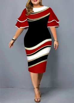 Layered Bell Sleeve Geometric Print Plus Size Dress
