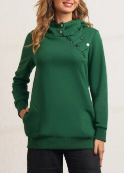 Long Sleeve Zipper Detail Dark Green Hoodie