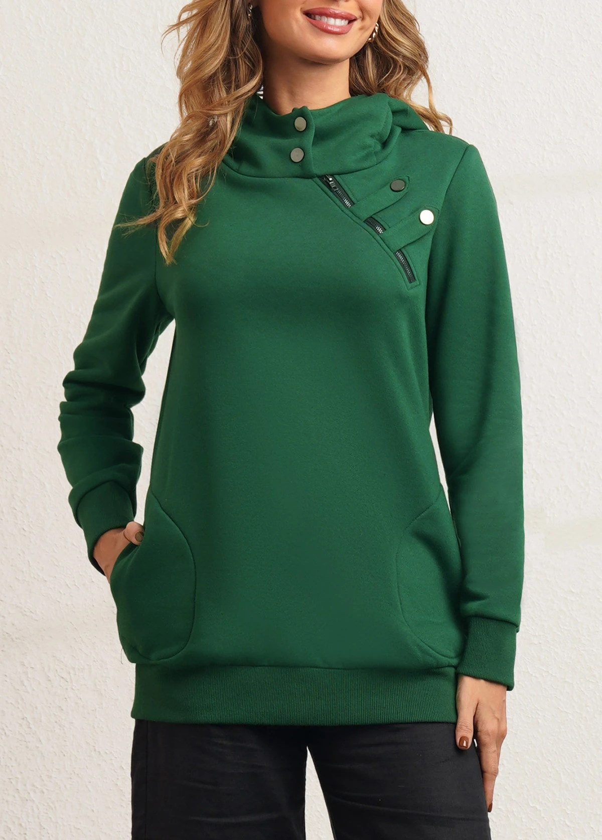 Long Sleeve Zipper Detail Dark Green Hoodie 3 Long Sleeve Zipper Detail Dark Green Hoodie