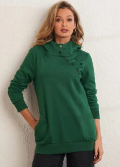 Long Sleeve Zipper Detail Dark Green Hoodie 10 Long Sleeve Zipper Detail Dark Green Hoodie -Rosewe Promotion Store 283761 P 16345543218173