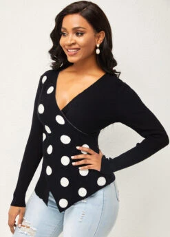 Long Sleeve Cross Front Polka Dot Sweater -Rosewe Promotion Store 283814 P 1631942375504