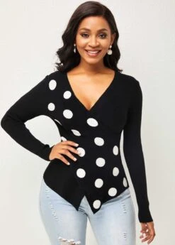 Long Sleeve Cross Front Polka Dot Sweater -Rosewe Promotion Store 283814 P 1631942375913