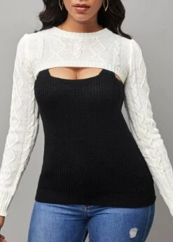 Color Block Round Neck Two Piece Sweater